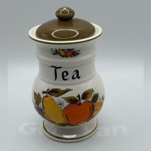 VTG MCM Webb Ceramic Tea Canister W/Brown Lid  “Fruit Festival” pattern Japan 6”